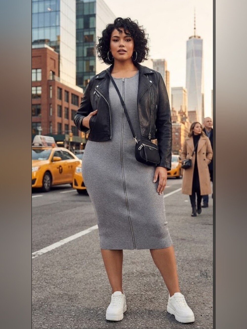 NWT Fashion To Figure Grey Sweater Zip Front Midi Body Con Dress Sz  1 (14/16)